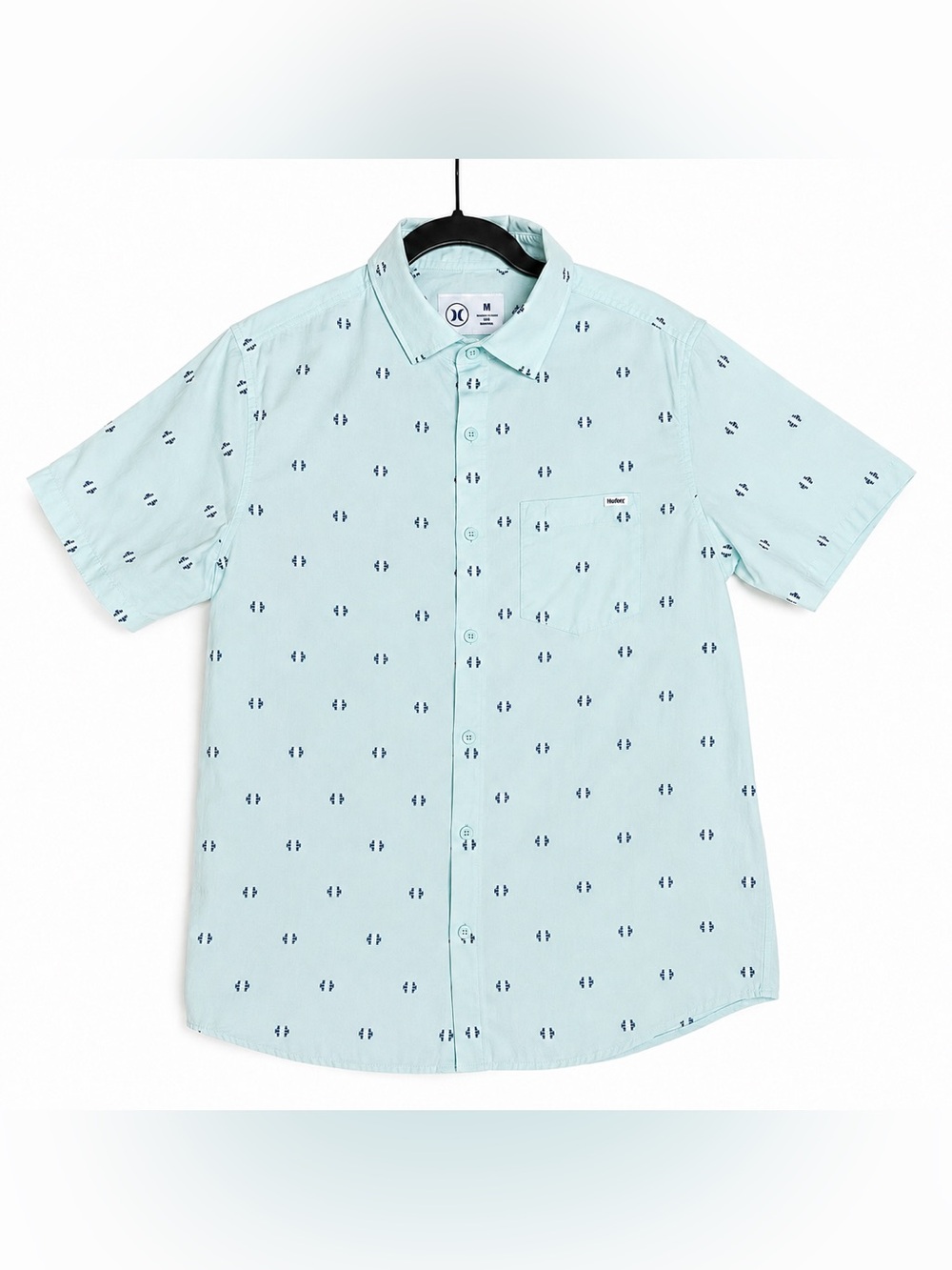 Hurley Stretch Fit Button Down Shirt Mens M Light Blue Print Short Sleeve Beach